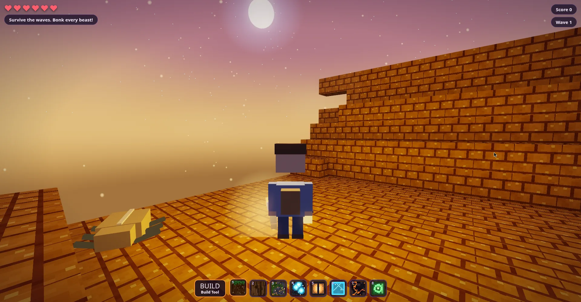 BuildStorm real gameplay: Dunehollow Tombs pyramid terraces glowing at sunset