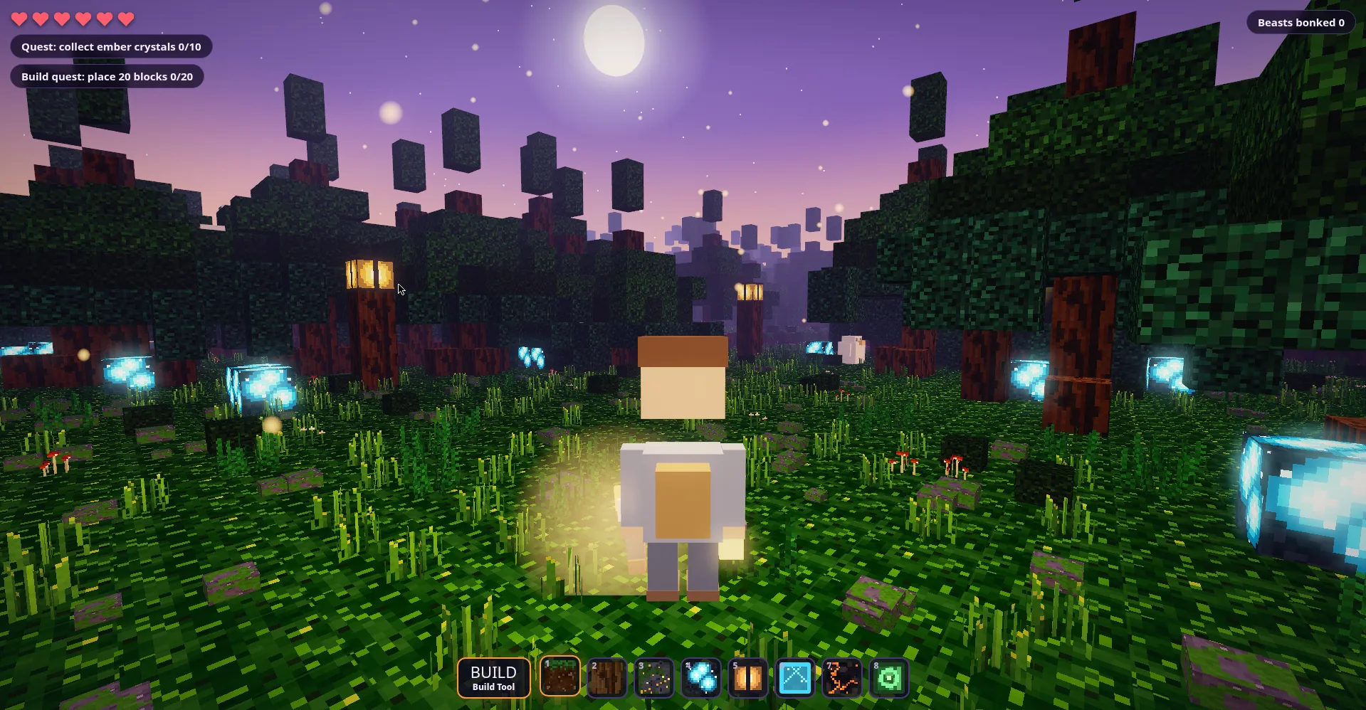 BuildStorm real gameplay: peaceful Ember Valley forest at dusk with lantern posts and glowing ember crystals