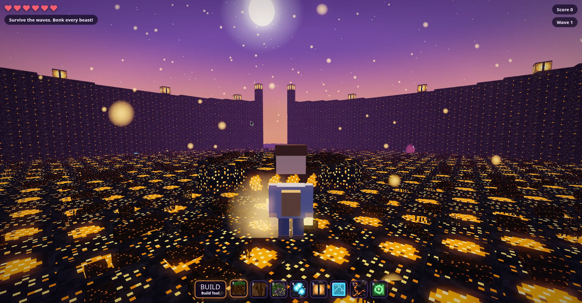 BuildStorm real gameplay: the volcanic Gloom Arena at dusk with lava cracks, lantern-lit walls, and the player character