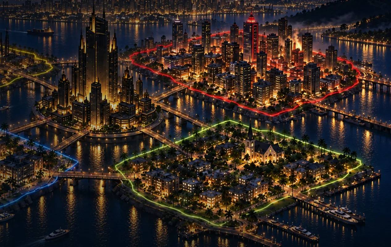 Dope District live site at night: the lit city with colored district boundaries