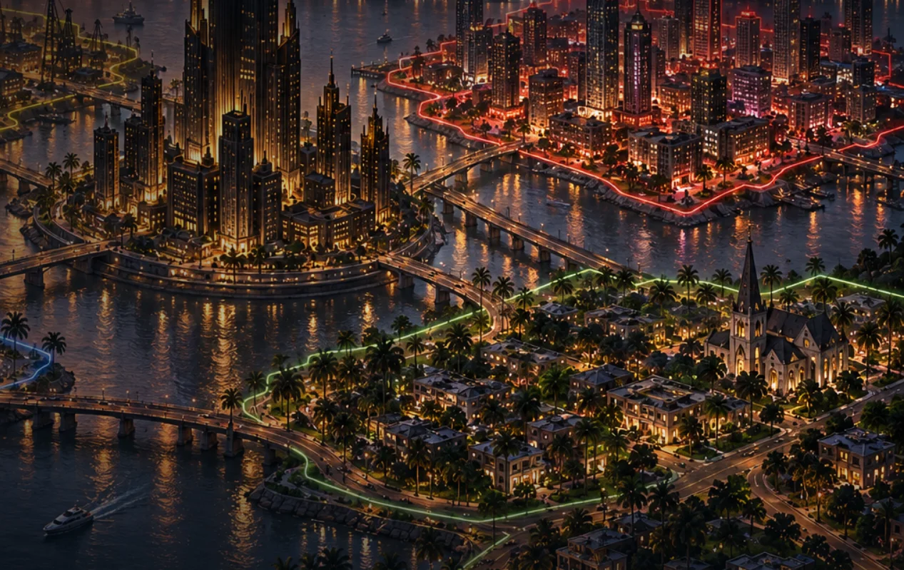 Dope District live site at sunset: amber-lit skyline with district boundary lines