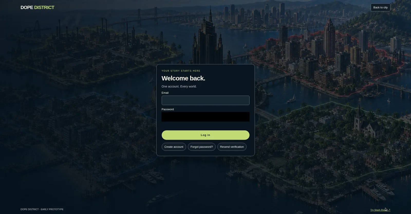 Dope District sign-in screen over the aerial city view