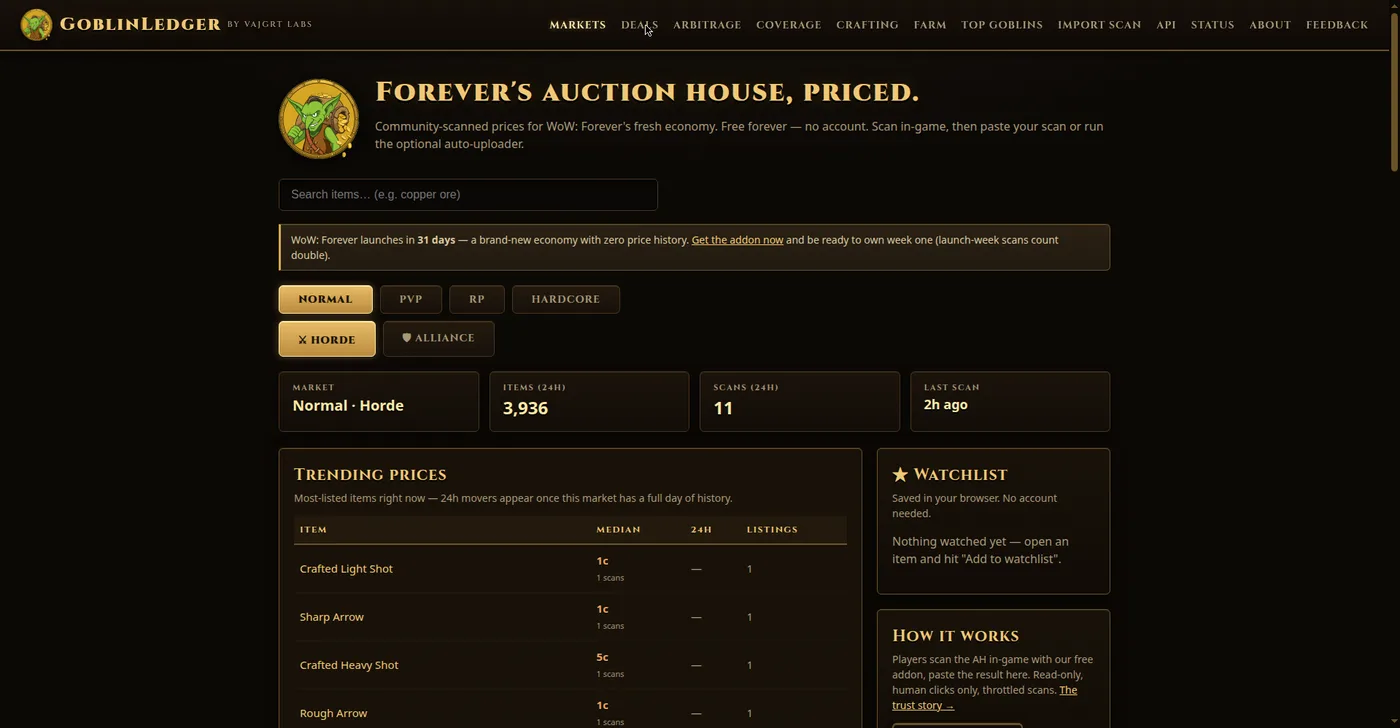 GoblinLedger price tracker: live auction house prices from the real site