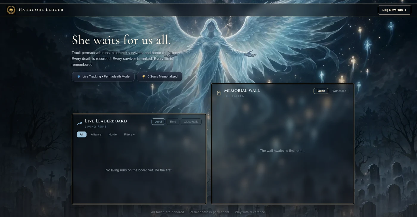 HardcoreLedger: community leaderboard and memorial wall from the real site