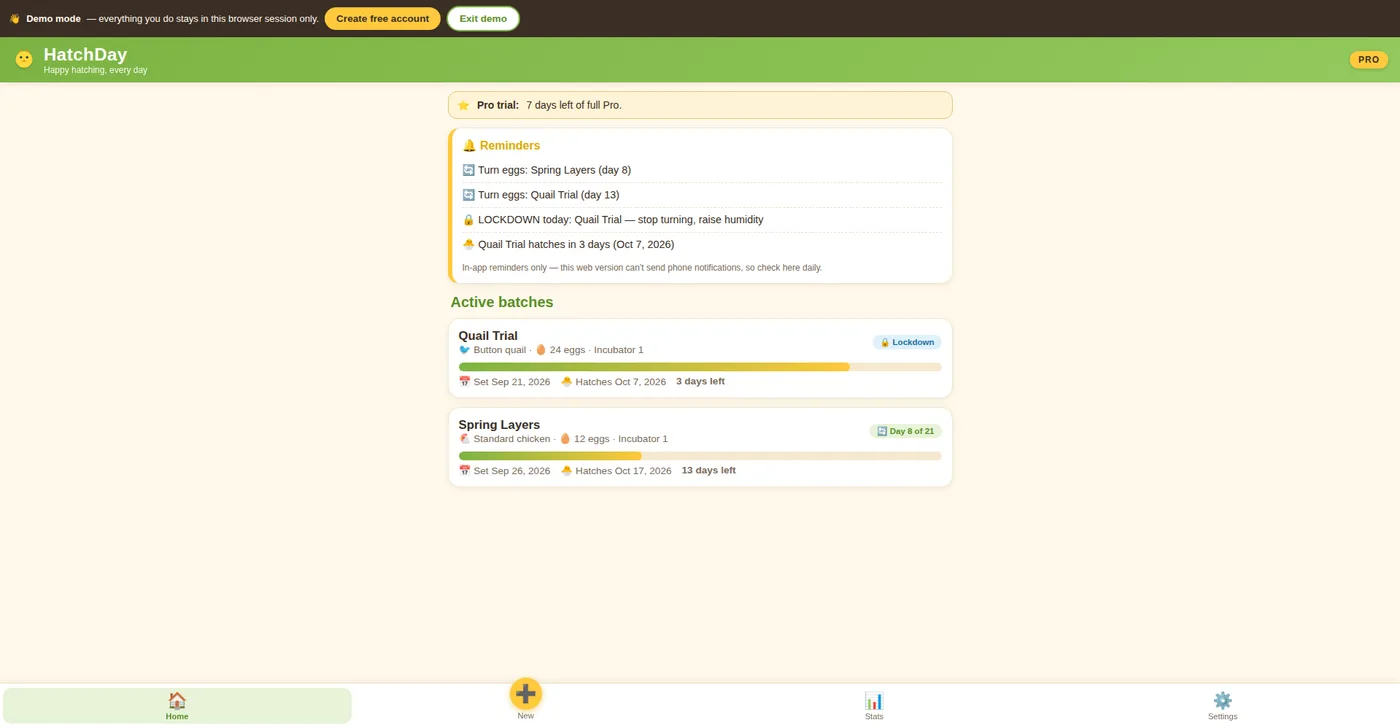 HatchDay app dashboard: active batches with countdowns, today's tasks, and reminders
