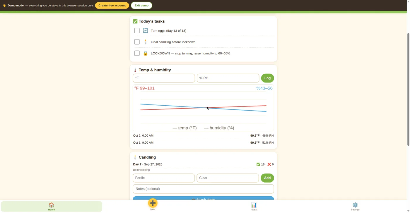 HatchDay batch detail: temperature and humidity log with charts and candling records