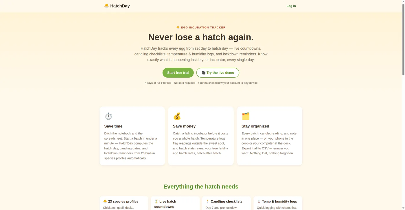HatchDay landing page: feature overview