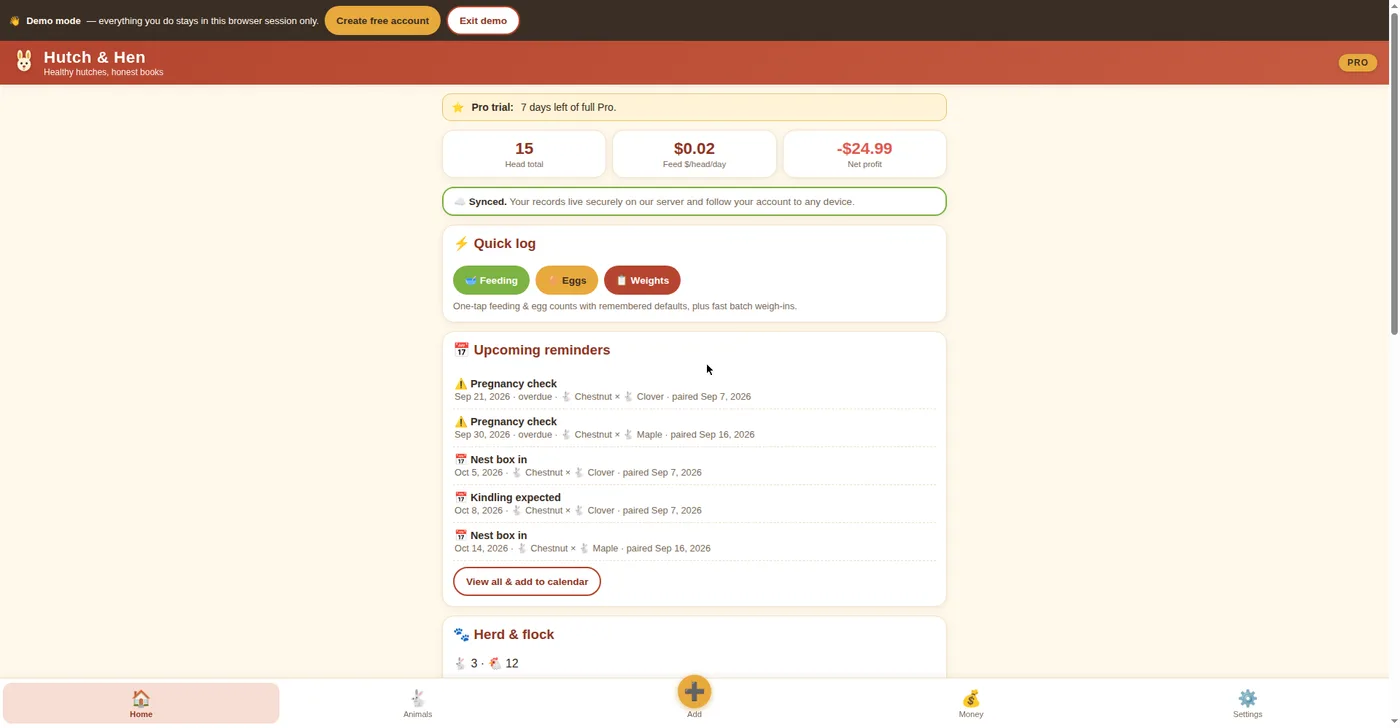 Hutch and Hen app dashboard: head counts, feed cost per head, reminders, and quick log
