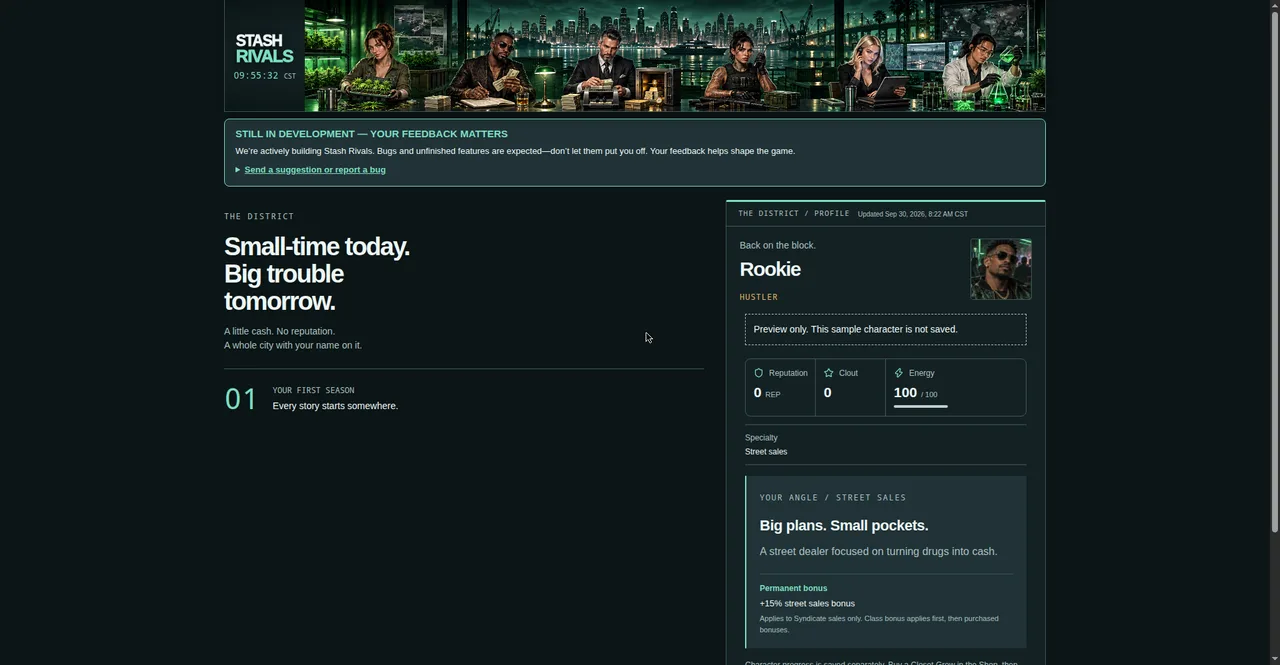 Stash Rivals home screen: night-city banner art, in-development notice, and character profile panel