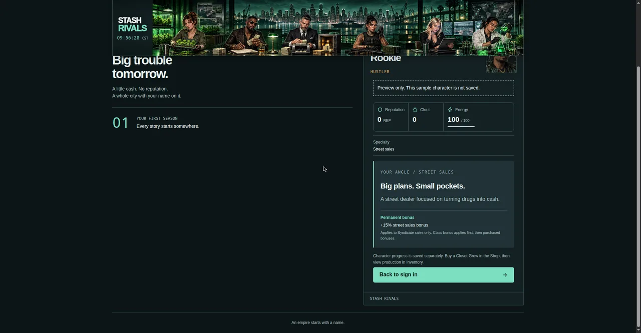 Stash Rivals character profile UI: Rookie Hustler stats, street-sales specialty, and permanent class bonus
